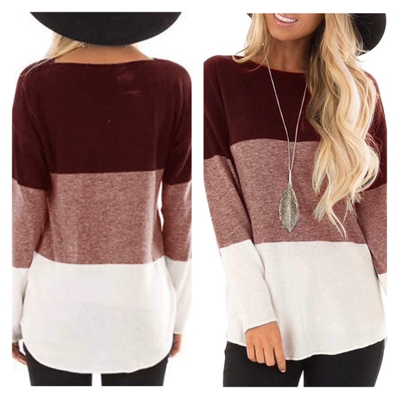 Yidarton Tops - Maroon Color Block Long Sleeve Blouse - Size XL